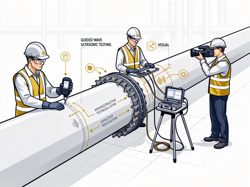 Illustration of engineers using various NDT methods like UT and guided wave UT on an excavated pipeline.